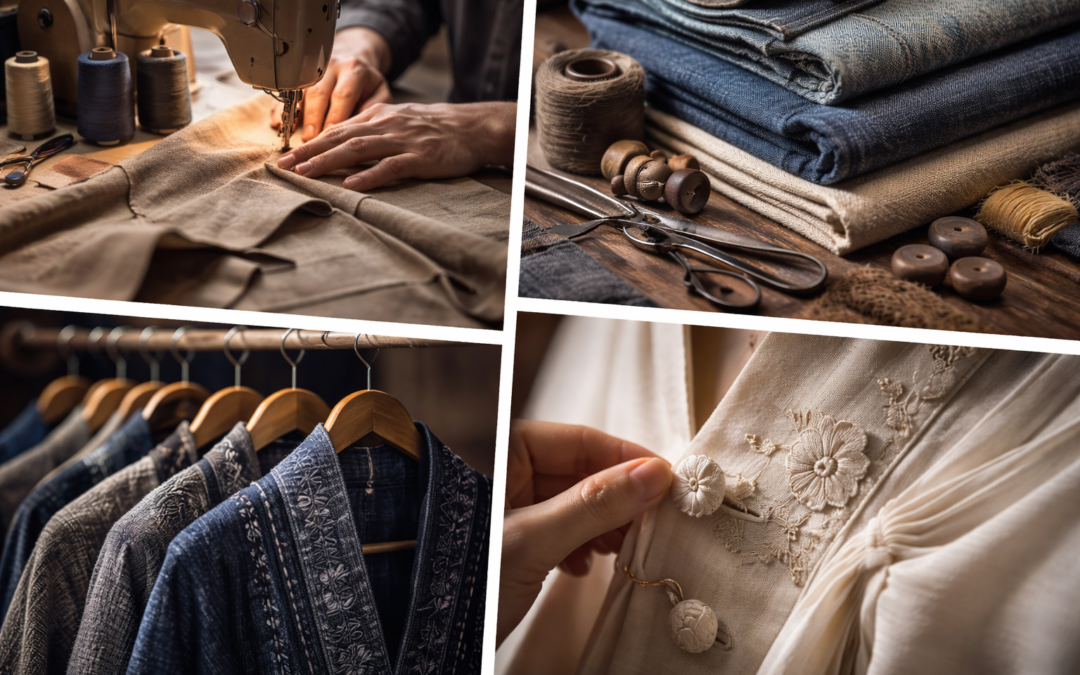 Détails de confection et de textiles japonais montrant coutures précises, matières naturelles et finitions artisanales, illustrant le culte du détail dans la mode japonaise sans visage ni écriture visible